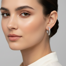 Load image into Gallery viewer, Sterling Silver Baguette Cross Over Hoop Earrings
